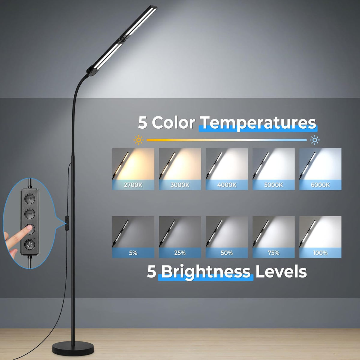 LED Floor Lamp 4 Light Bars 24W 3000LM Ultra Bright