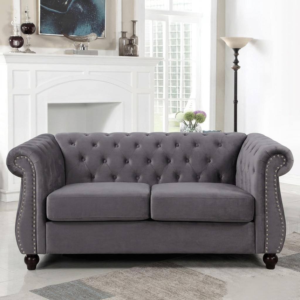 67.6" Gray Chesterfield Velvet Loveseat