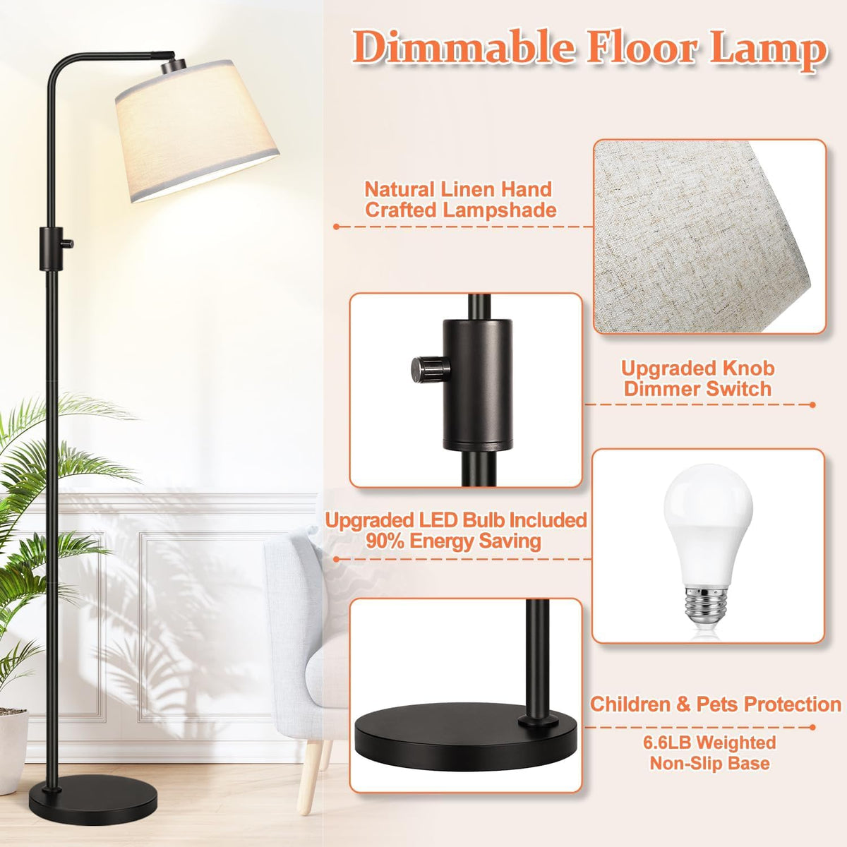 Black Dimmable Arc LED Floor Lamp