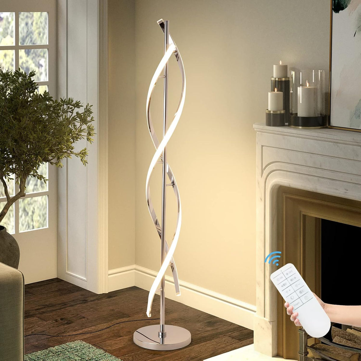 40W Chrome Spiral 3‑Color Stepless Dimmable Floor Lamp