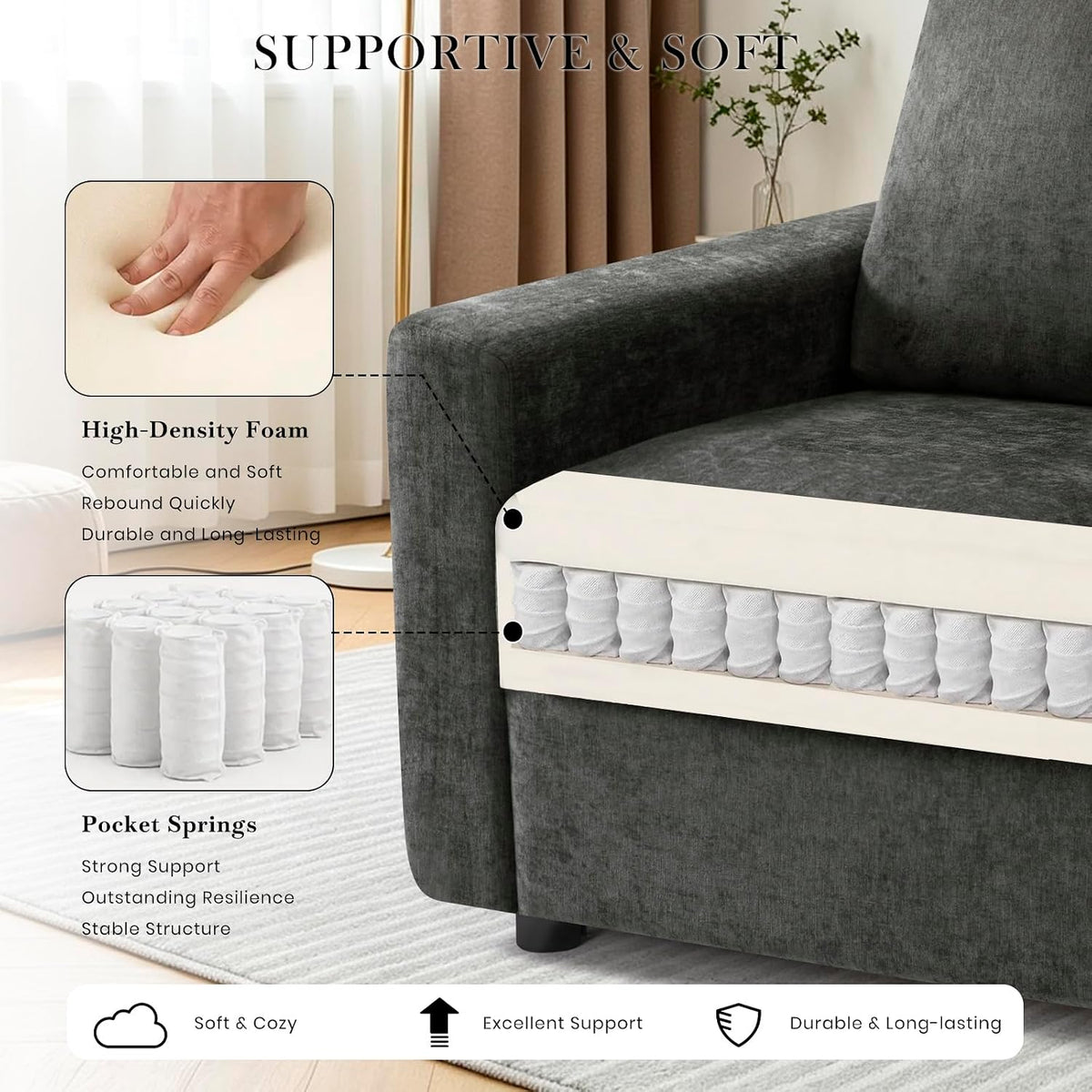 84" Grey Chenille 3‑Seat Sofa