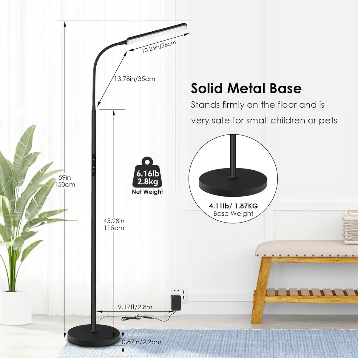 Black Stepless Adjustable LED Floor Lamp