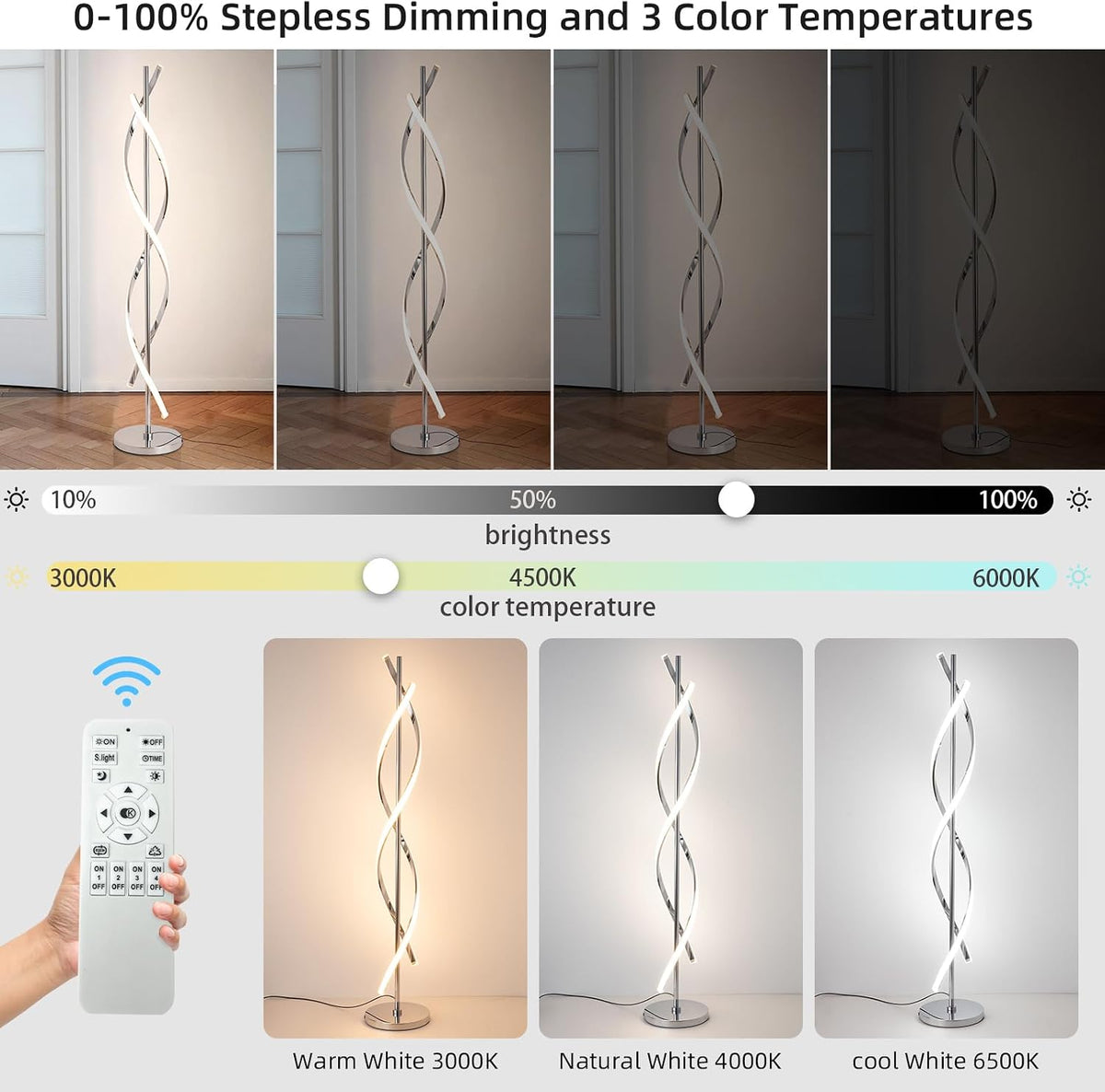 40W Chrome Spiral 3‑Color Stepless Dimmable Floor Lamp
