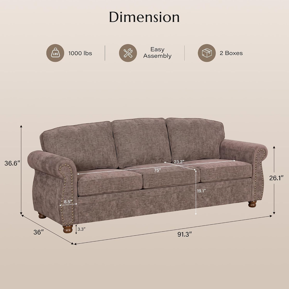 91.3" Brown Traditional Chenille Sofa