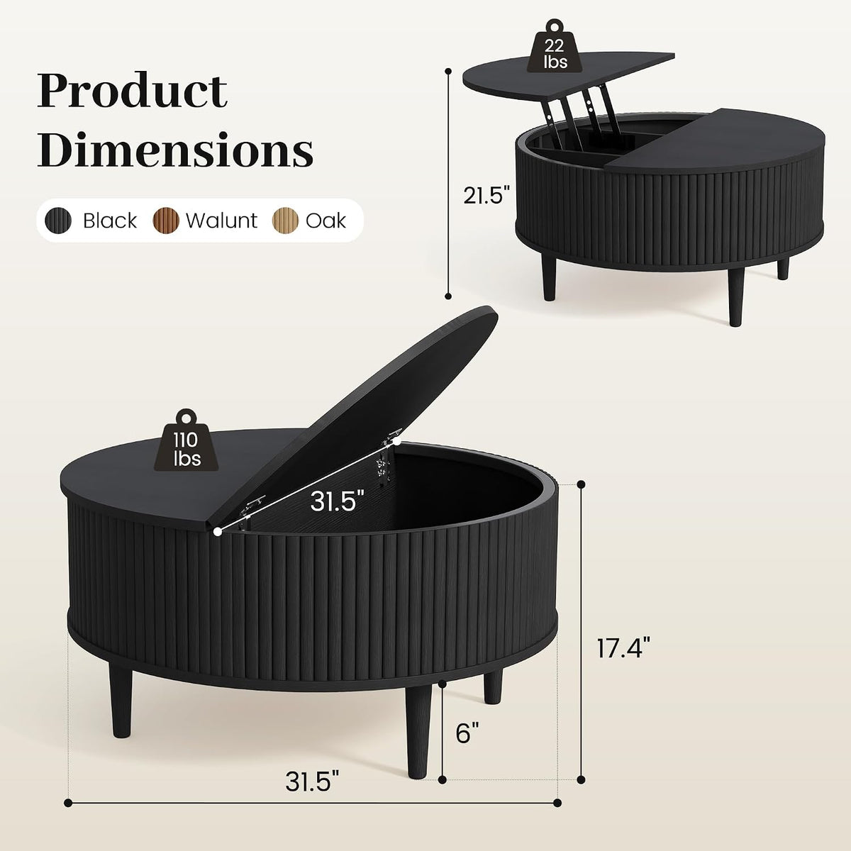 31.5" Black Lifting‑Top Round Coffee Table