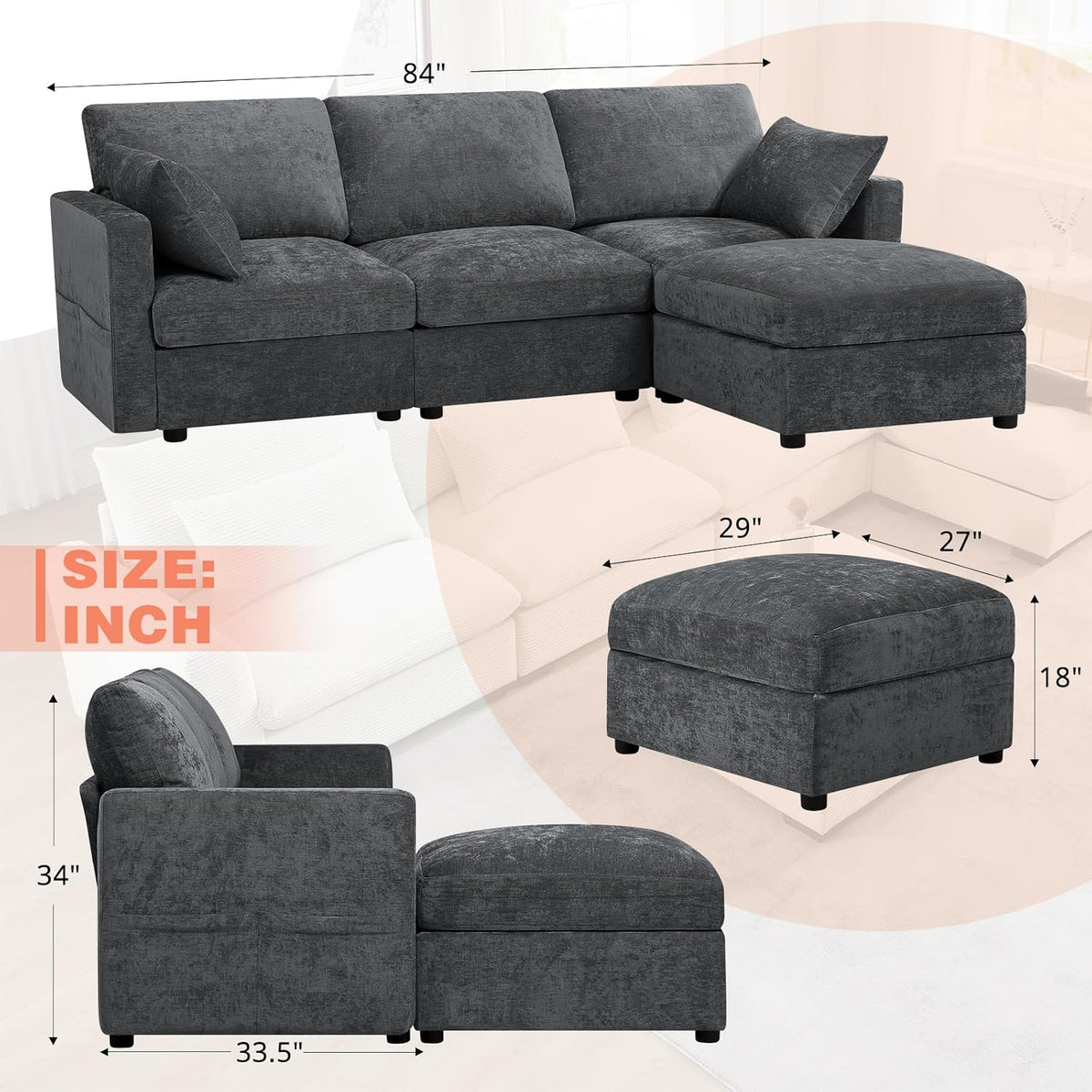 84” Chenille 3-Seats Sofa W/Movable Ottoman, Grey