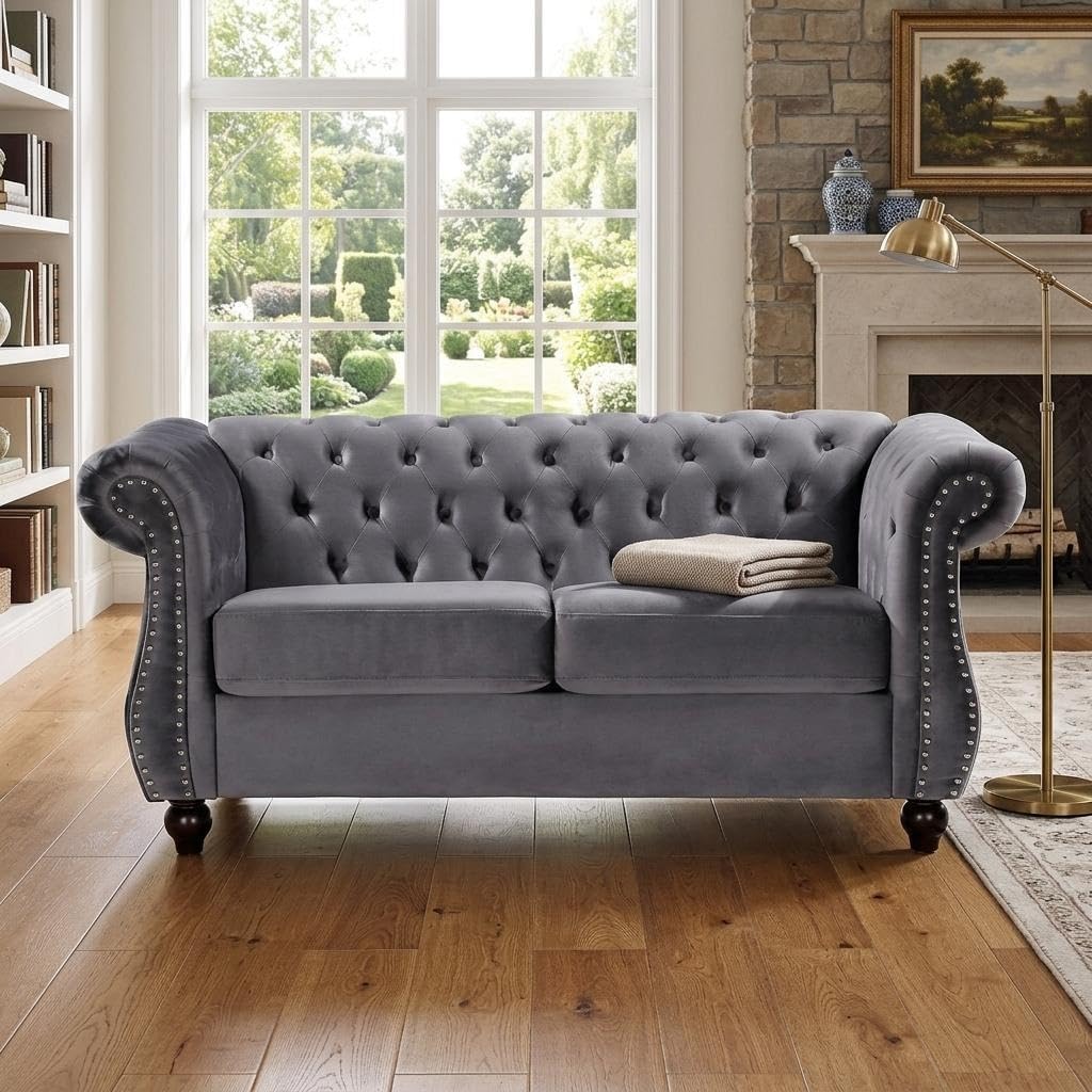 67.6" Gray Chesterfield Velvet Loveseat
