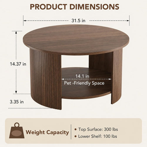 31.5" Walnut 2‑Tier Fluted Round Coffee Table