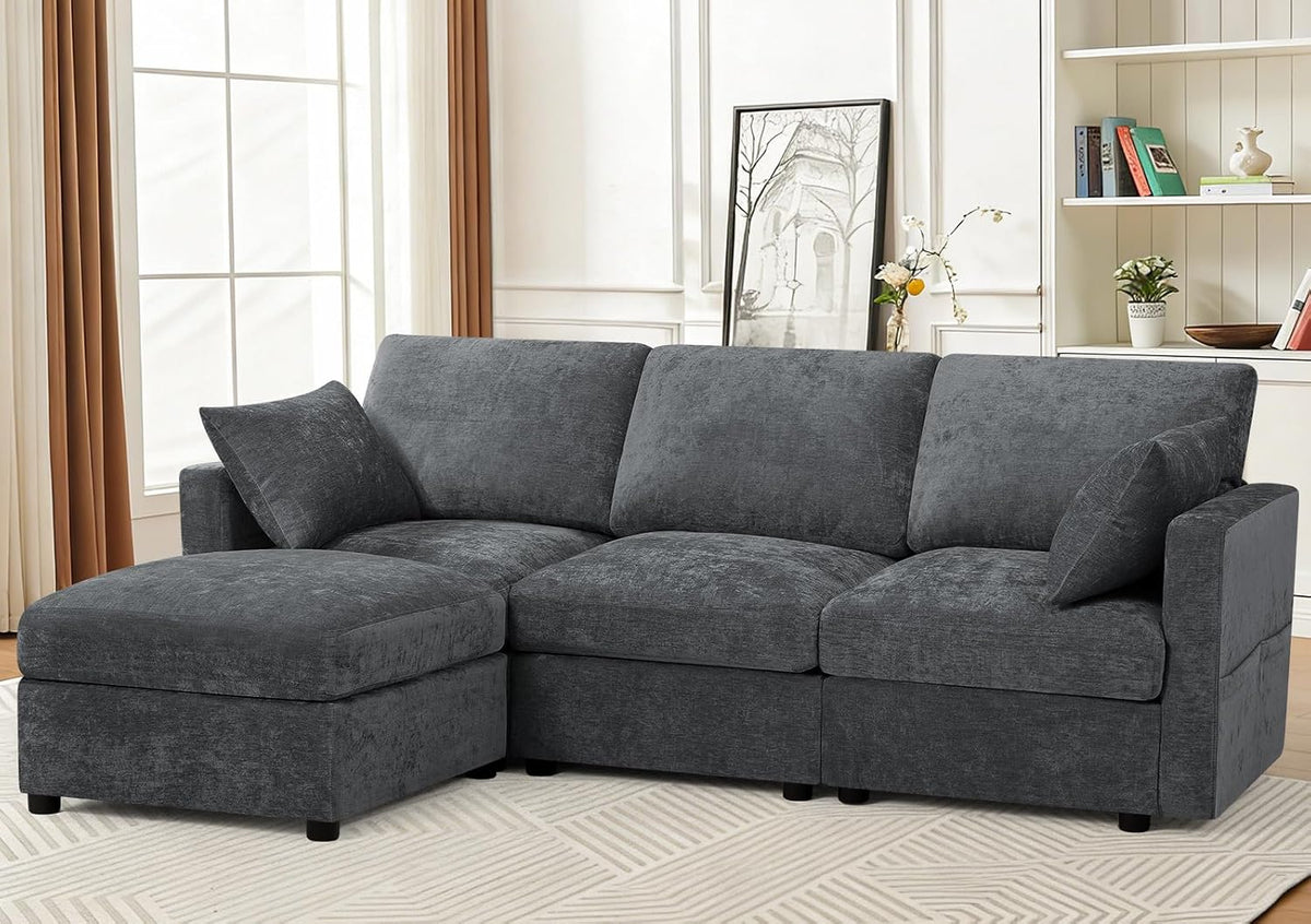 84” Chenille 3-Seats Sofa W/Movable Ottoman, Grey
