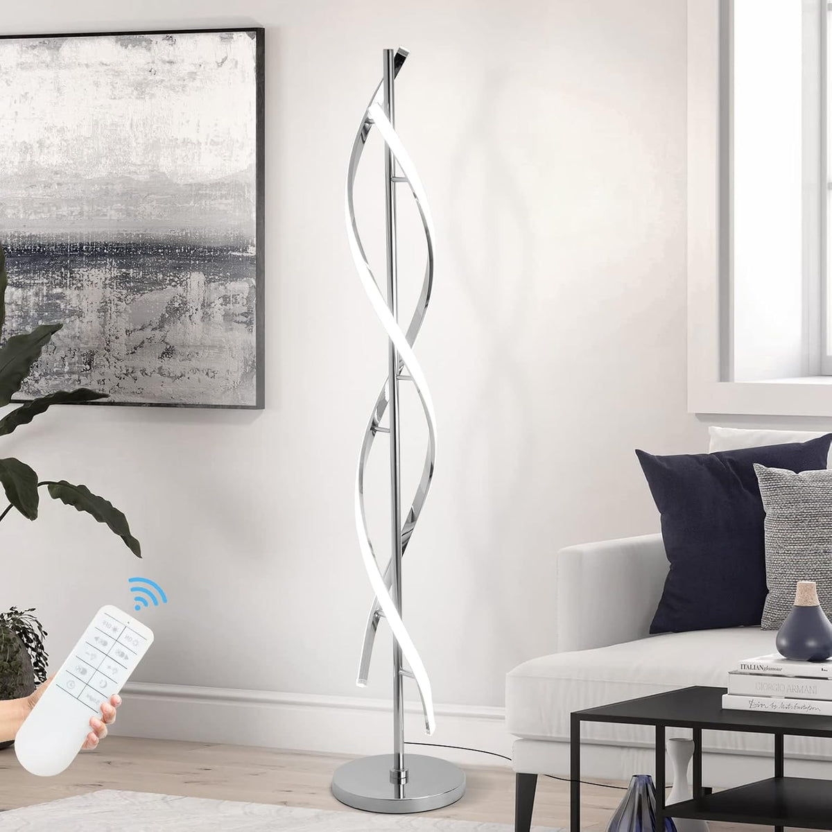 40W Chrome Spiral 3‑Color Stepless Dimmable Floor Lamp