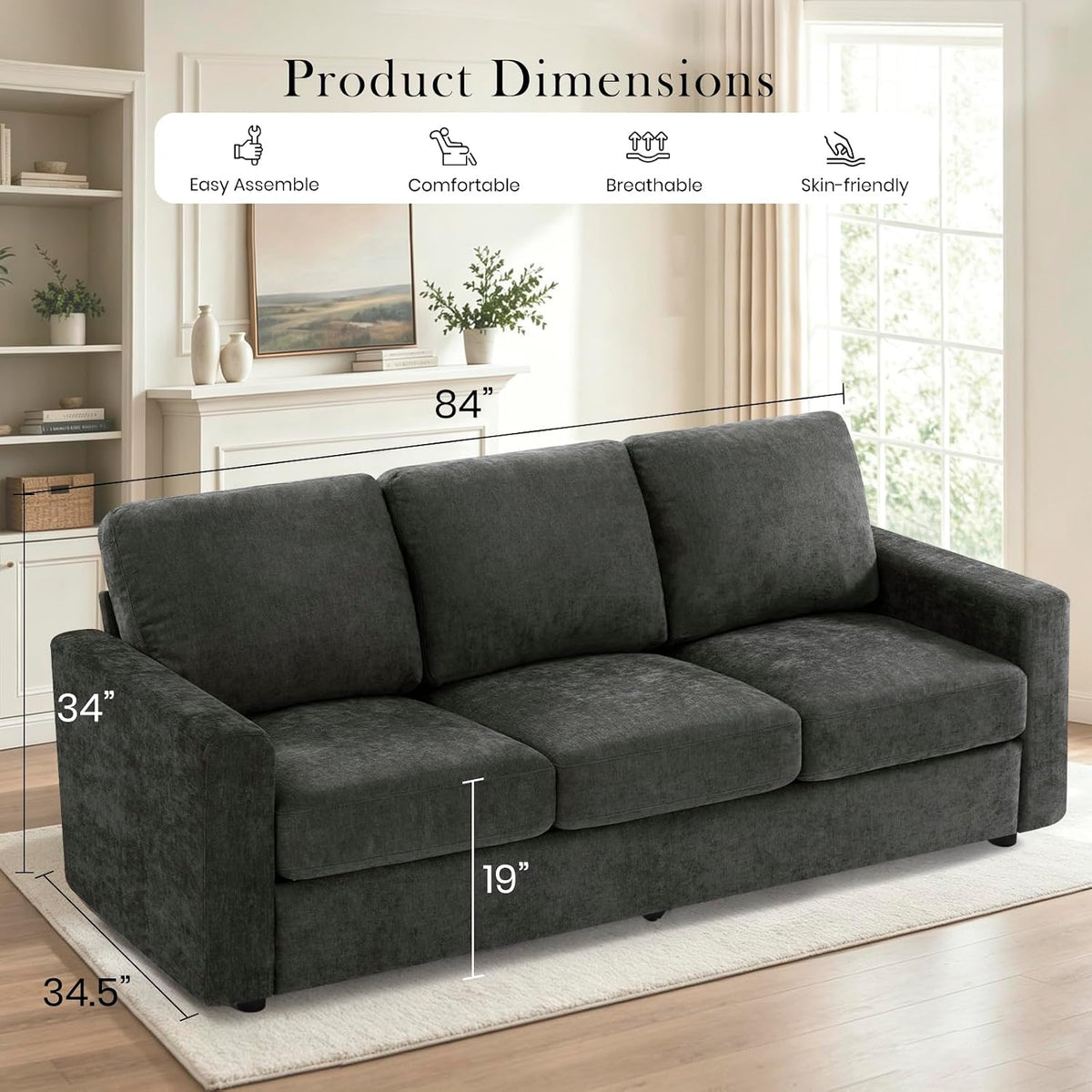 84" Grey Chenille 3‑Seat Sofa