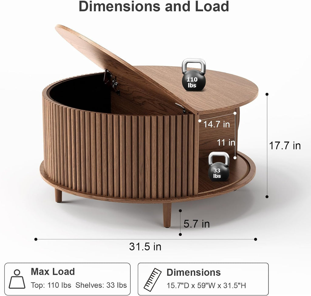 31.5" Walnut Round Coffee Table with Storage