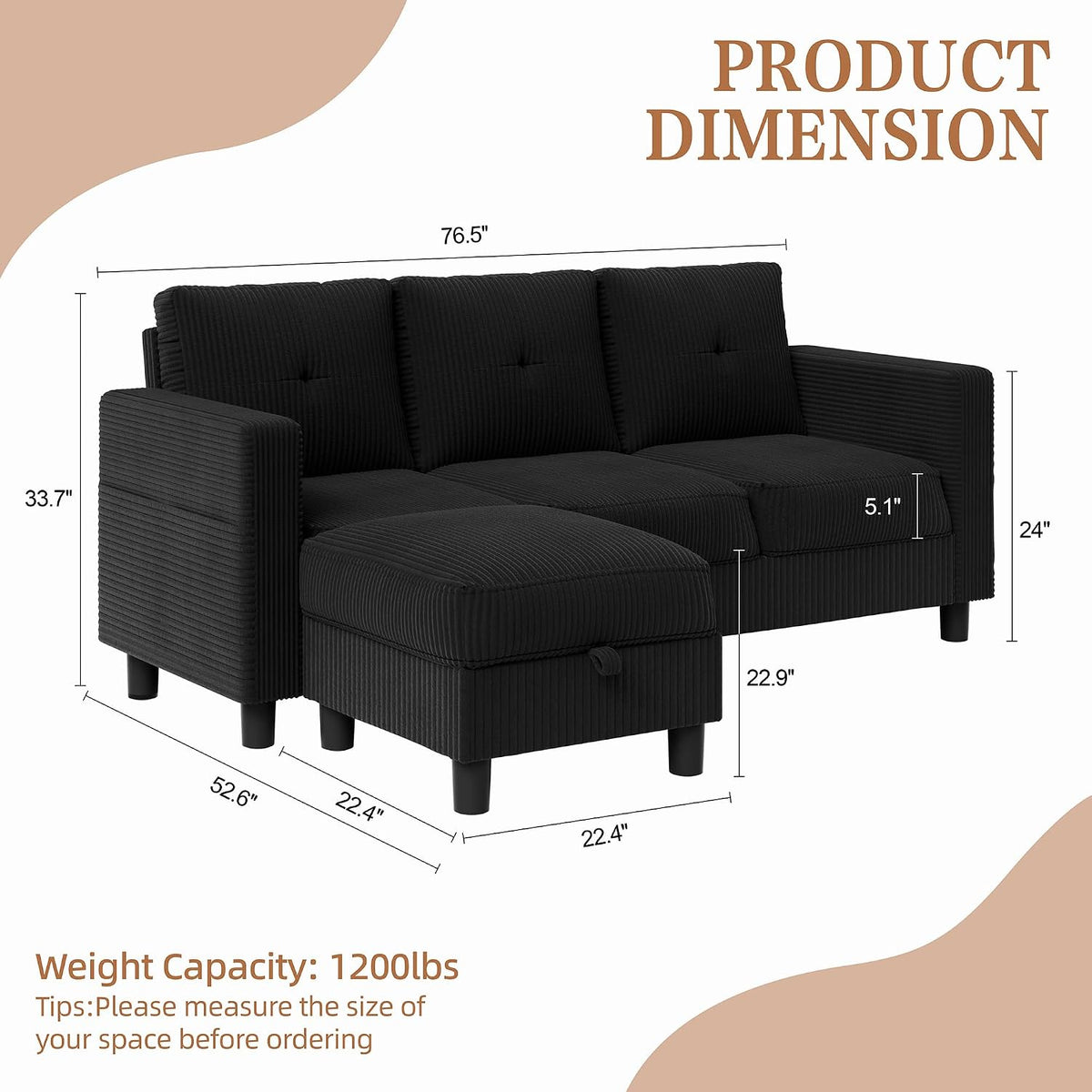 Carbon Black L‑Shaped Sectional Sofa