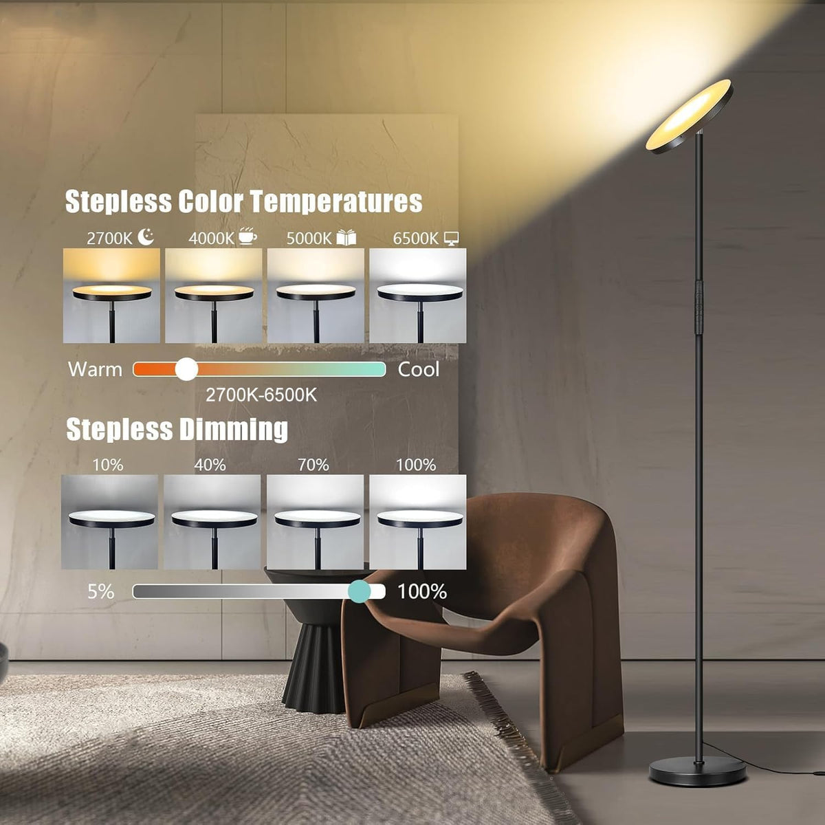 40W 4000LM Stepless Dimmable Torchiere LED Floor Lamp