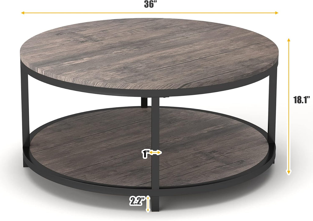 36" Light Walnut 2‑Tier Round Coffee Table