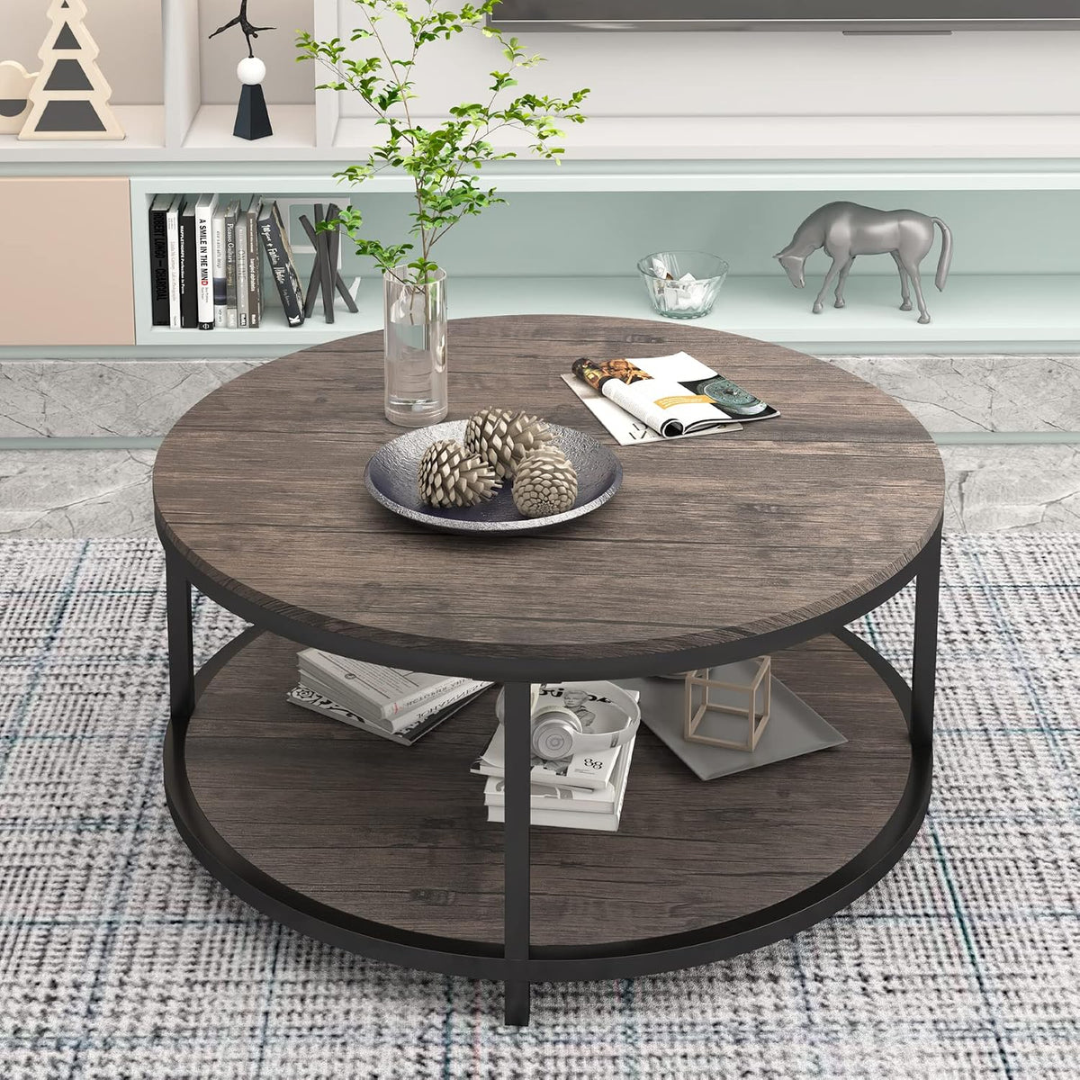 36" Light Walnut 2‑Tier Round Coffee Table