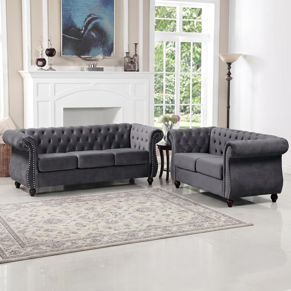 67.6" Gray Chesterfield Velvet Loveseat