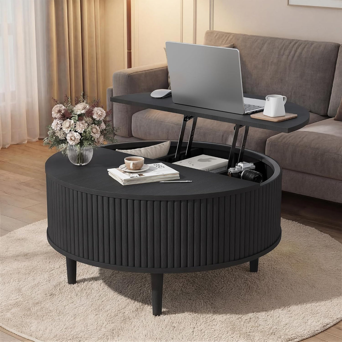 31.5" Black Lifting‑Top Round Coffee Table