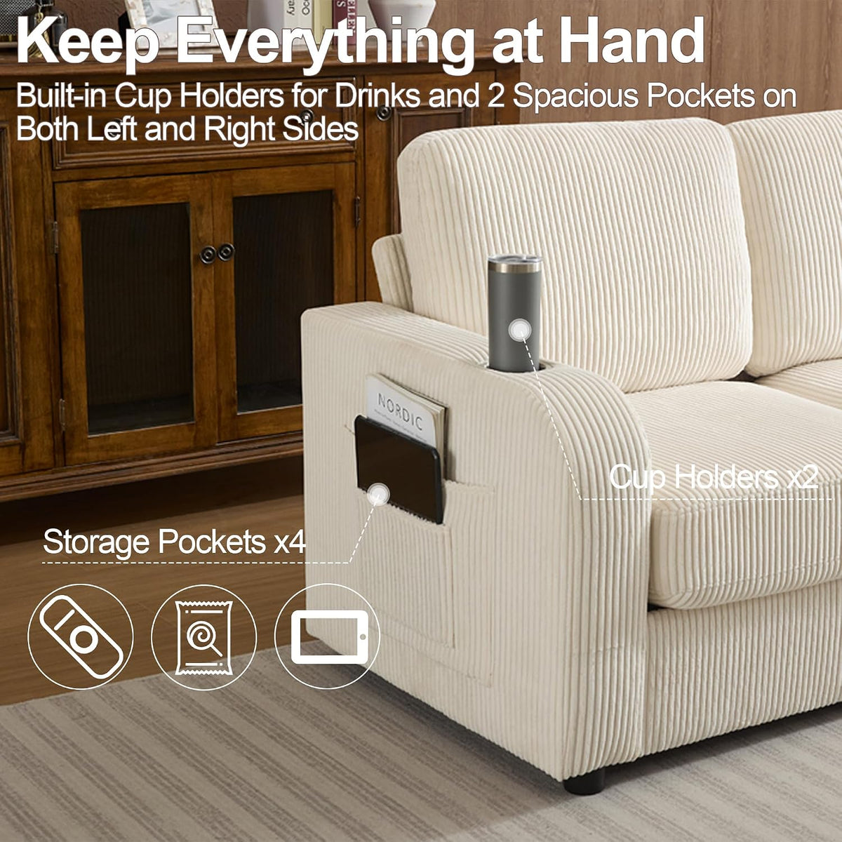 87.4" Beige Corduroy 3‑Seater Sofa Cup Holders