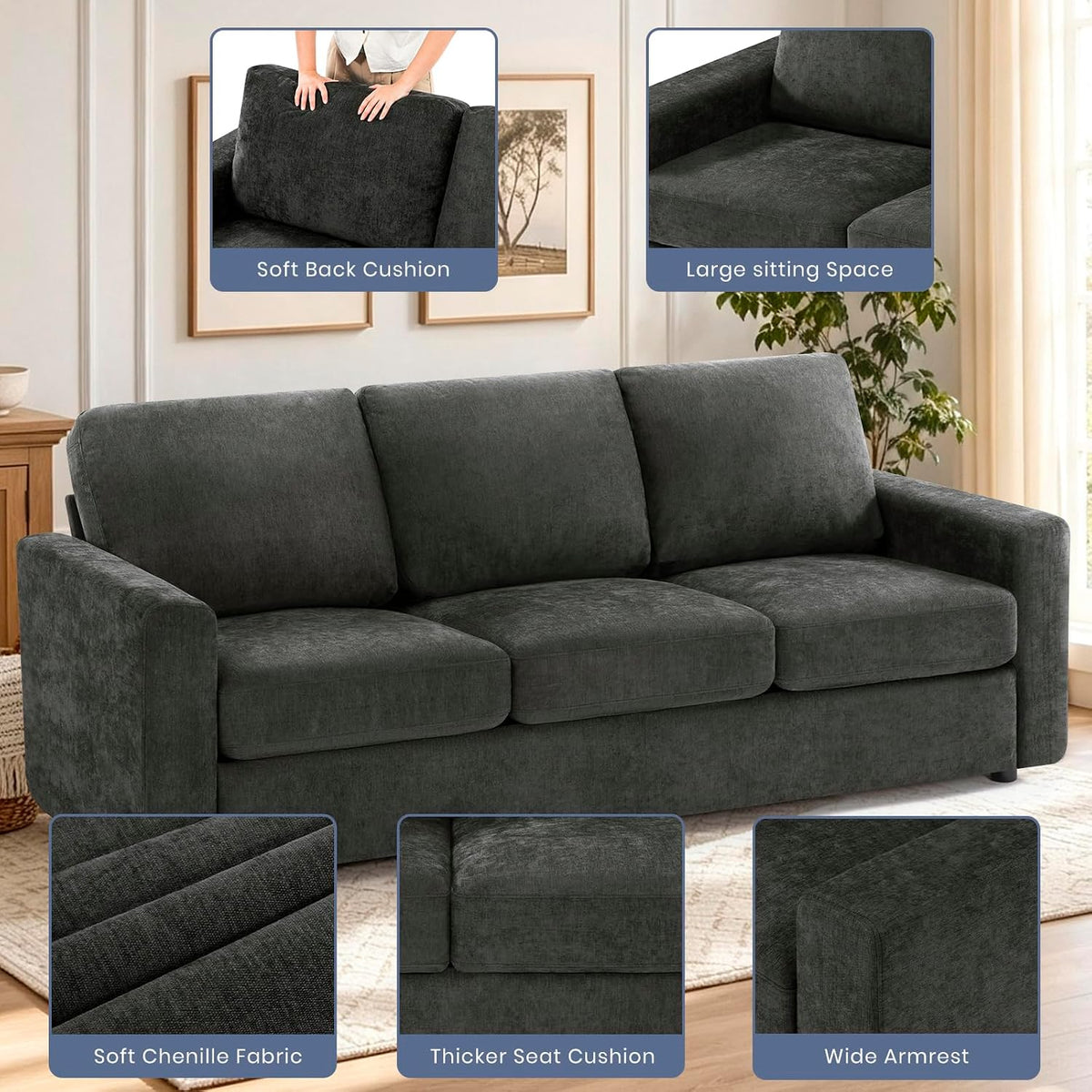 84" Grey Chenille 3‑Seat Sofa