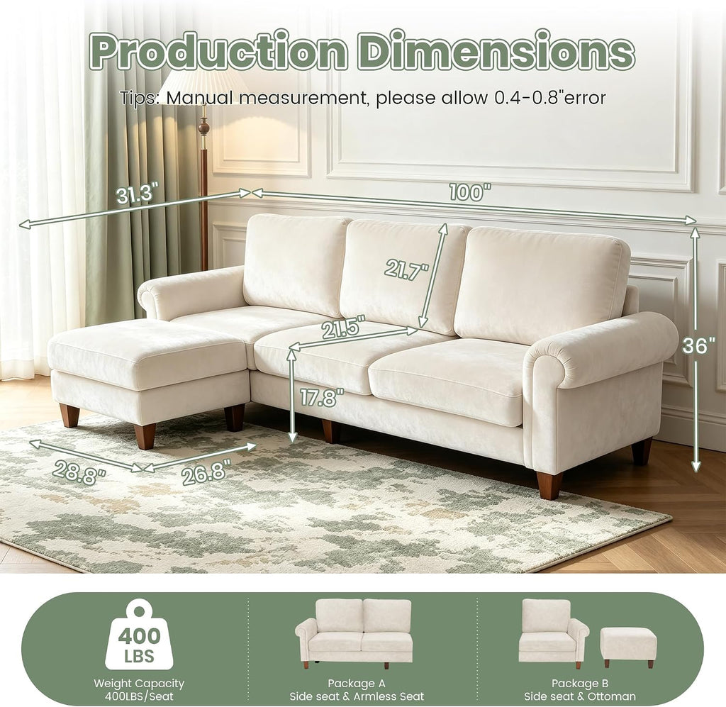 100" Beige L‑Shaped Sectional Sofa