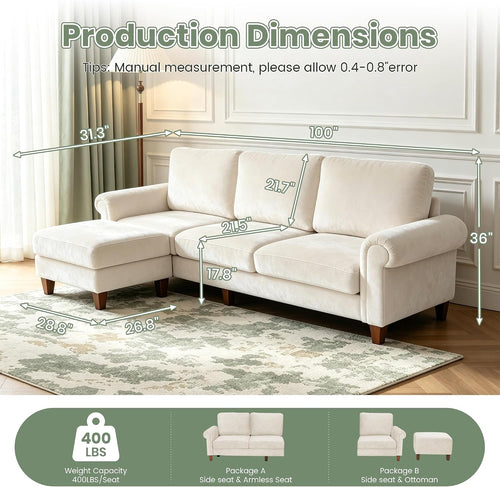 100" Beige L‑Shaped Sectional Sofa