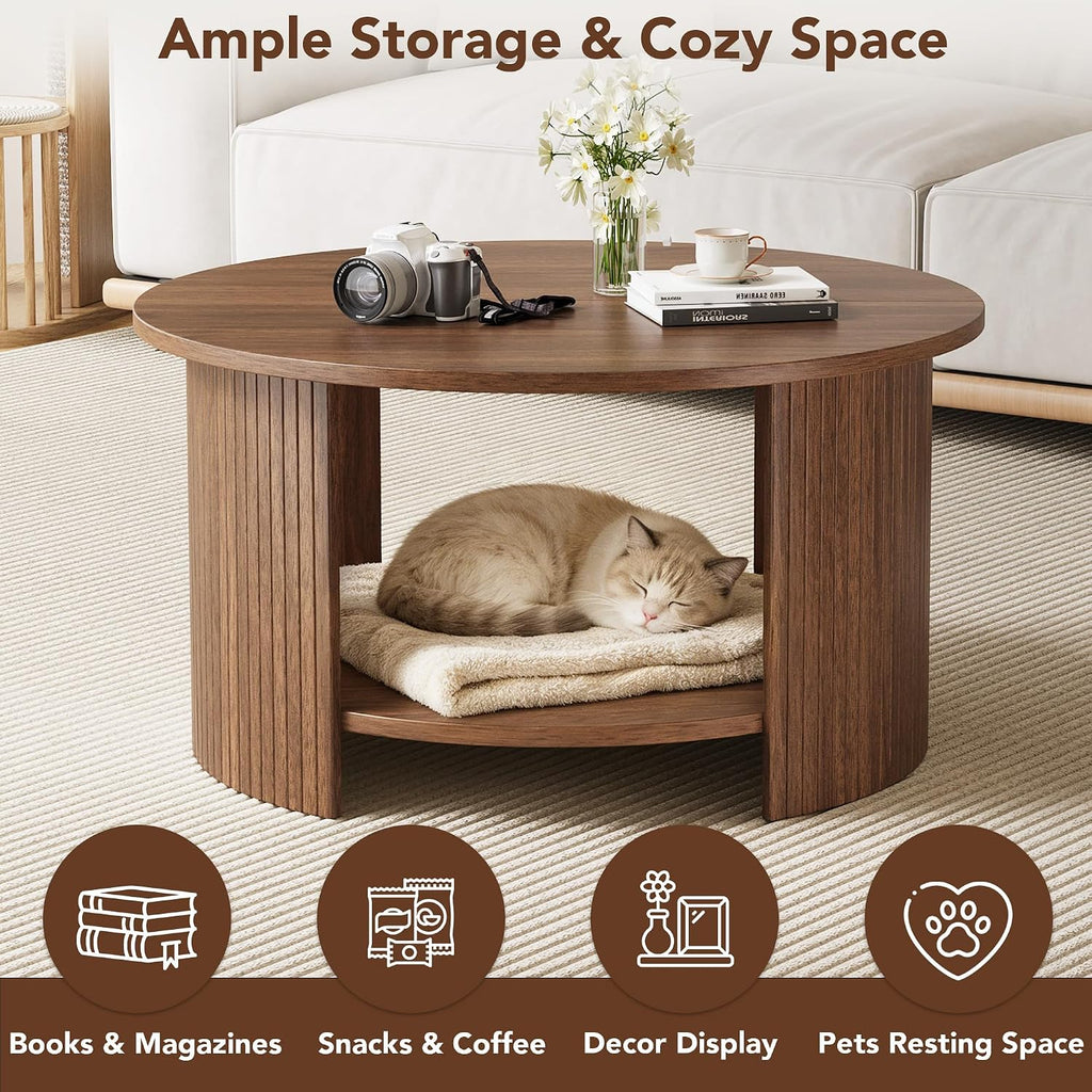 31.5" Walnut 2‑Tier Fluted Round Coffee Table