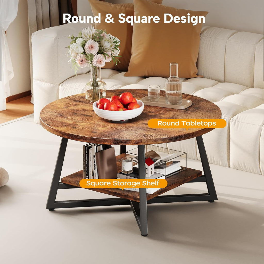 Rustic Brown Small Storage Round Coffee Table