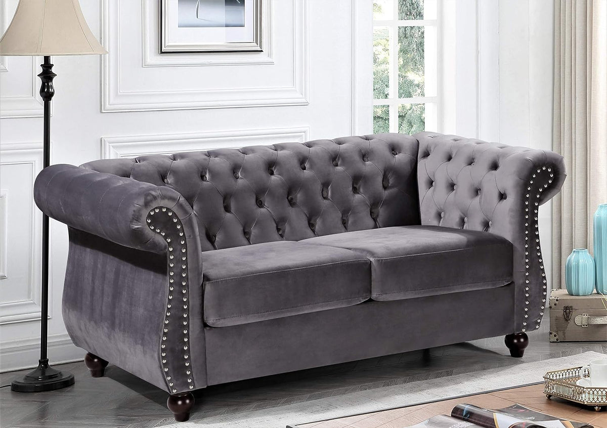 67.6" Gray Chesterfield Velvet Loveseat
