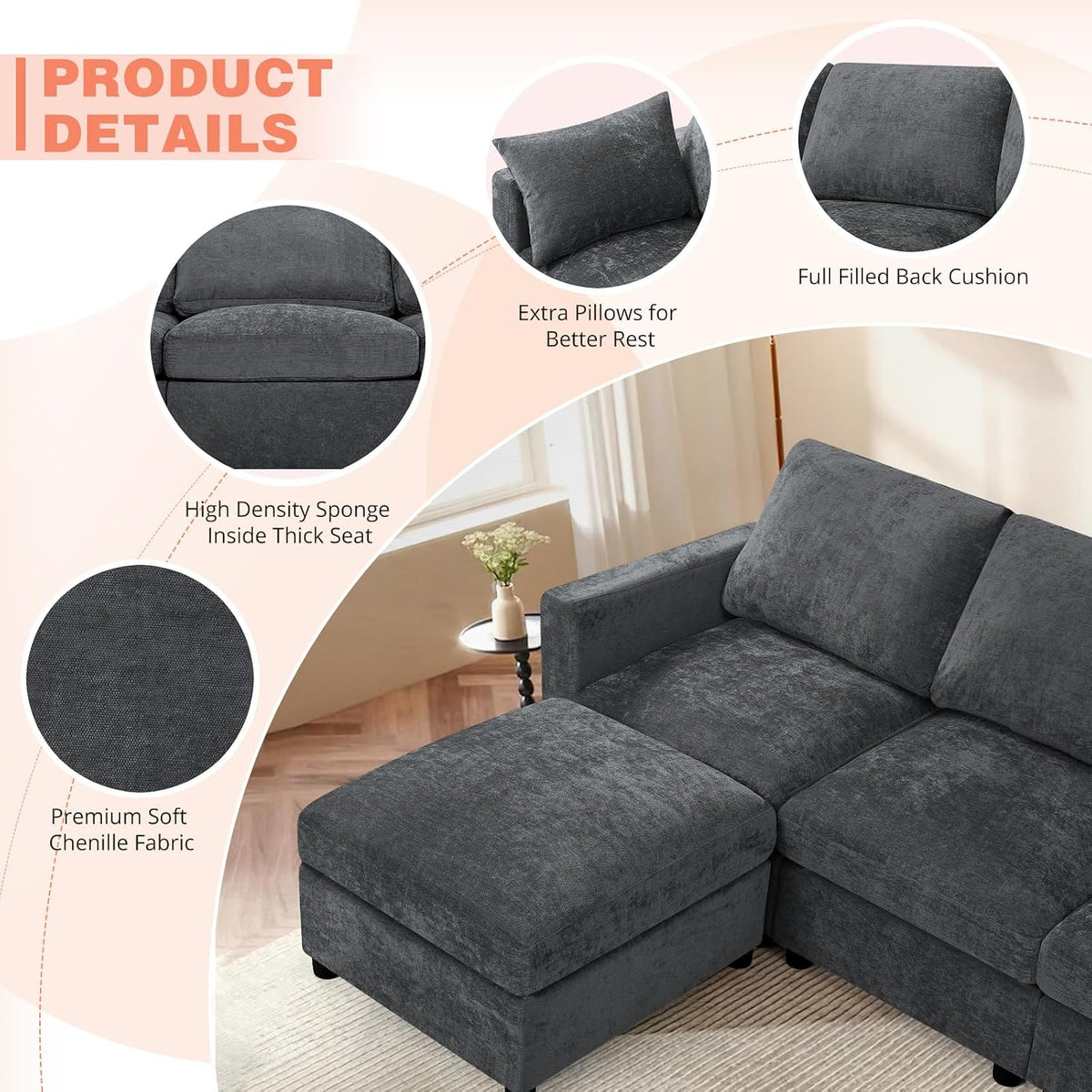 84” Chenille 3-Seats Sofa W/Movable Ottoman, Grey