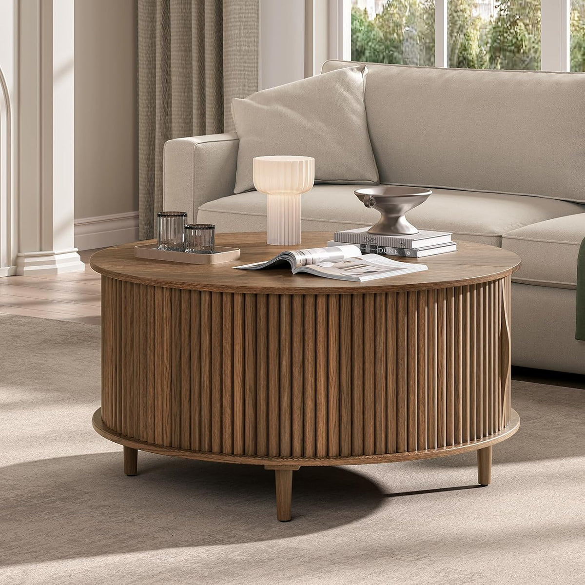 31.5" Walnut Round Coffee Table with Storage