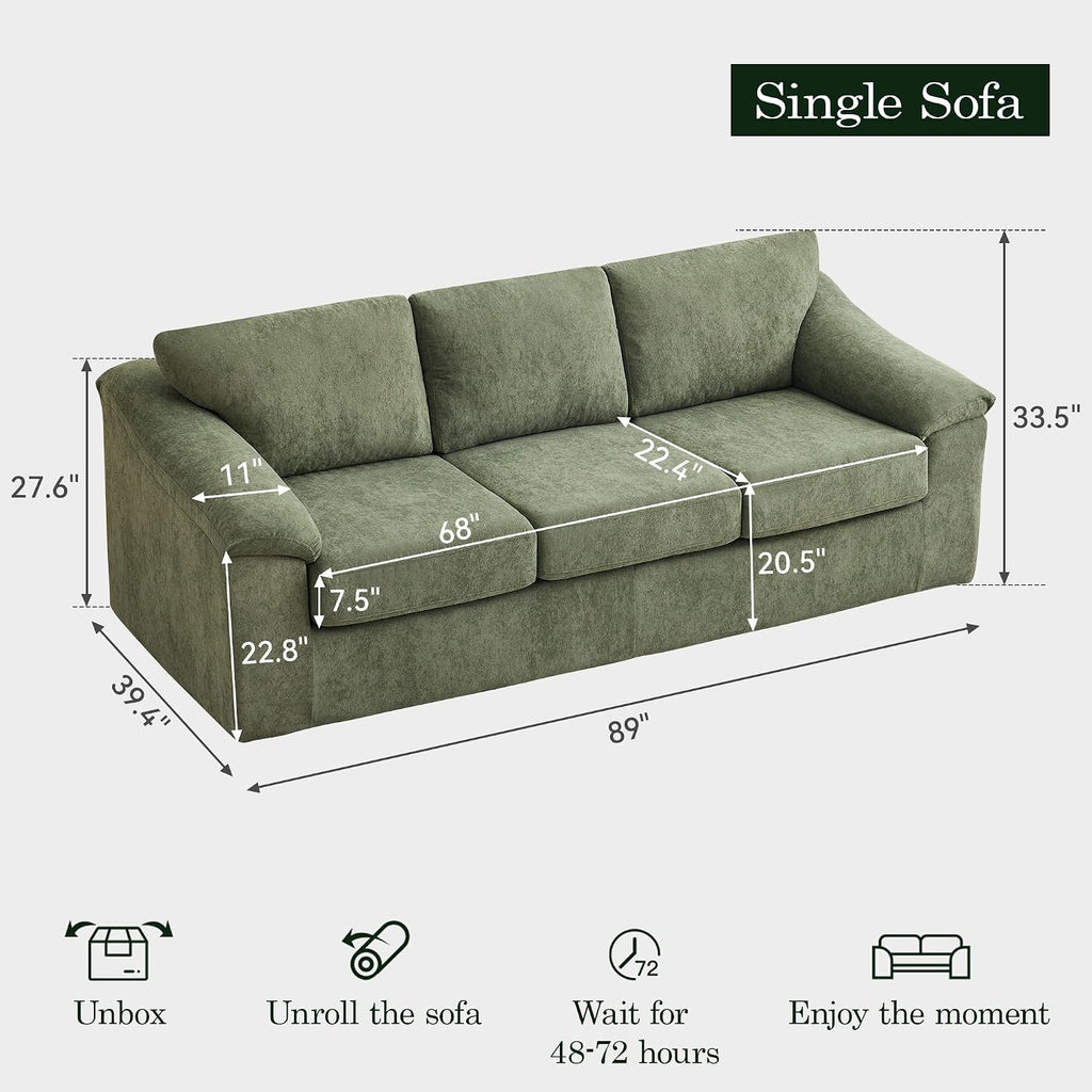 89" Green Boneless Cloud 3‑Seater Sofa