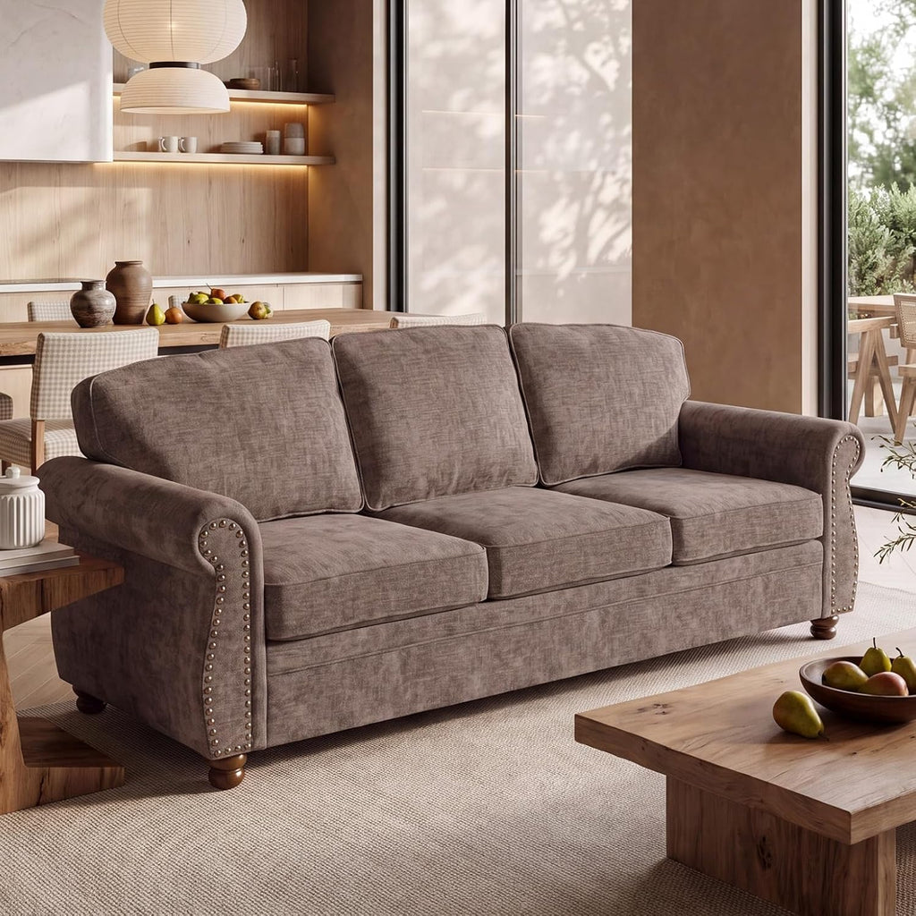 91.3" Brown Traditional Chenille Sofa