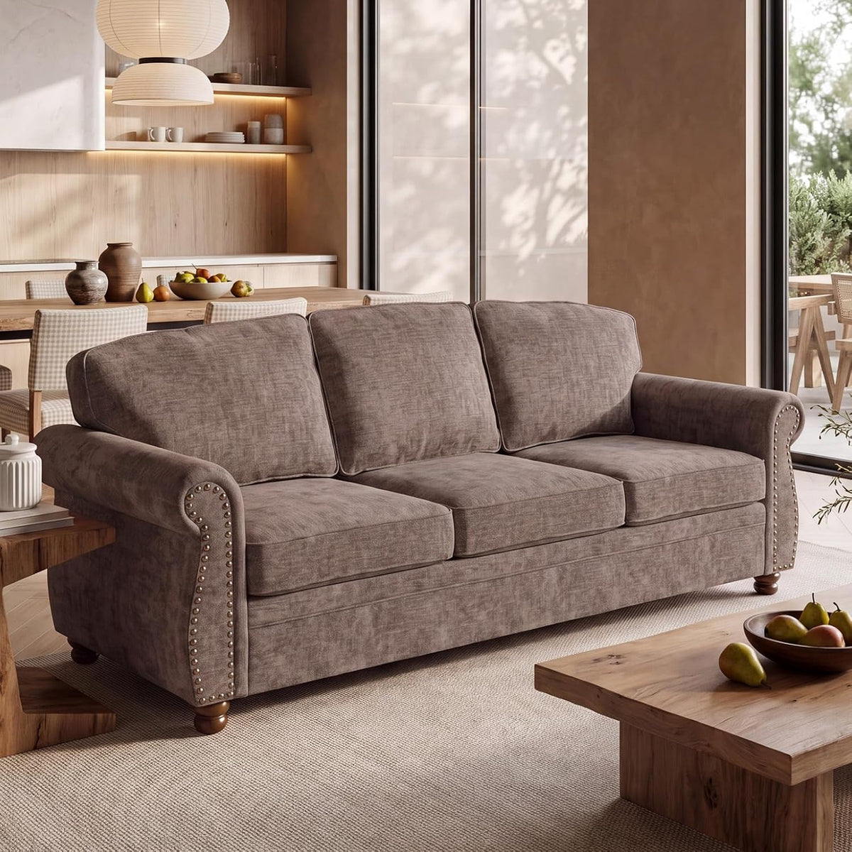 91.3" Brown Traditional Chenille Sofa