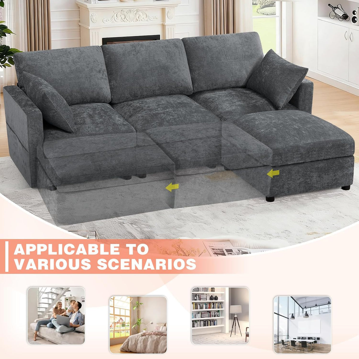 84” Chenille 3-Seats Sofa W/Movable Ottoman, Grey