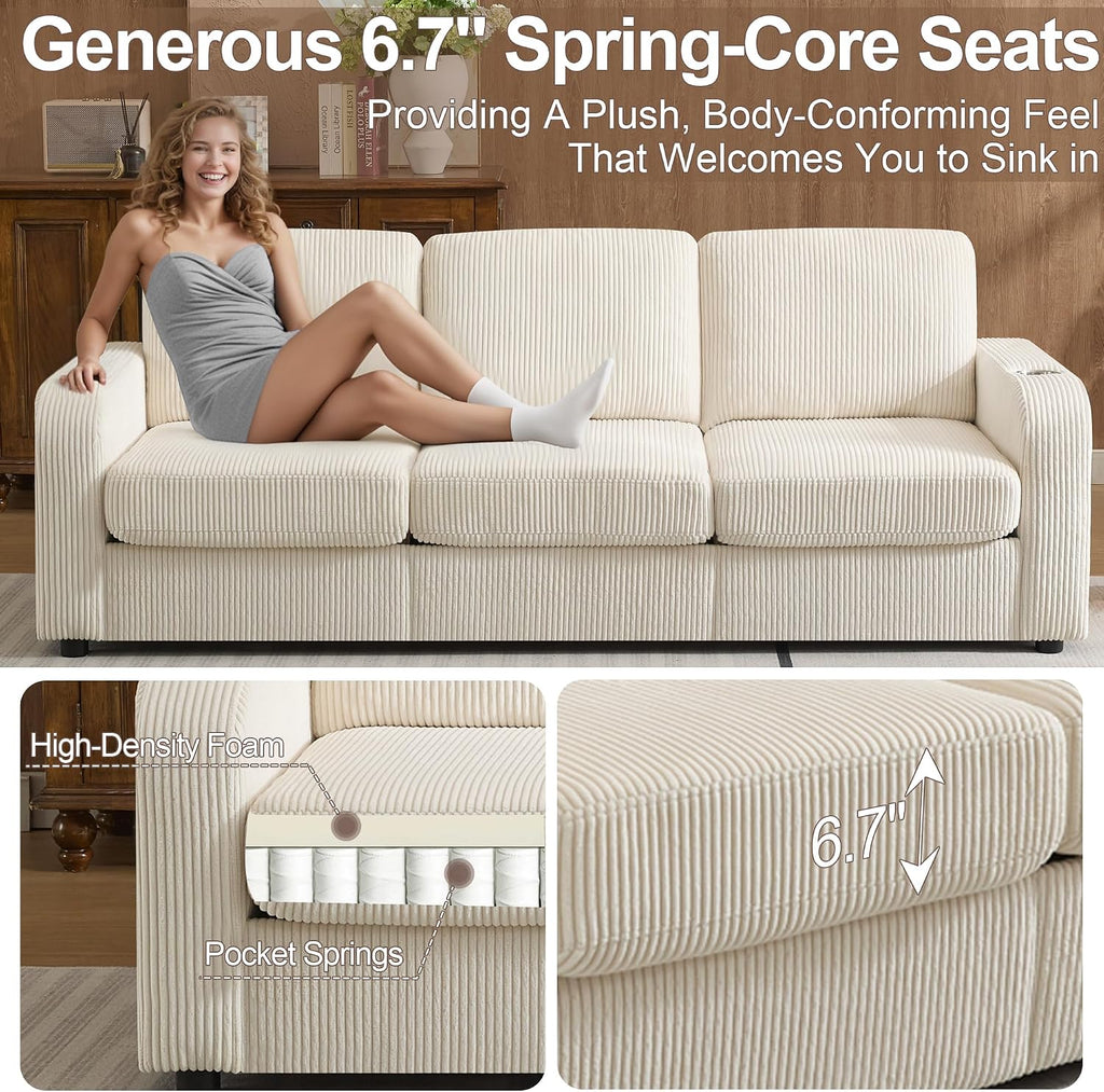 87.4" Beige Corduroy 3‑Seater Sofa Cup Holders