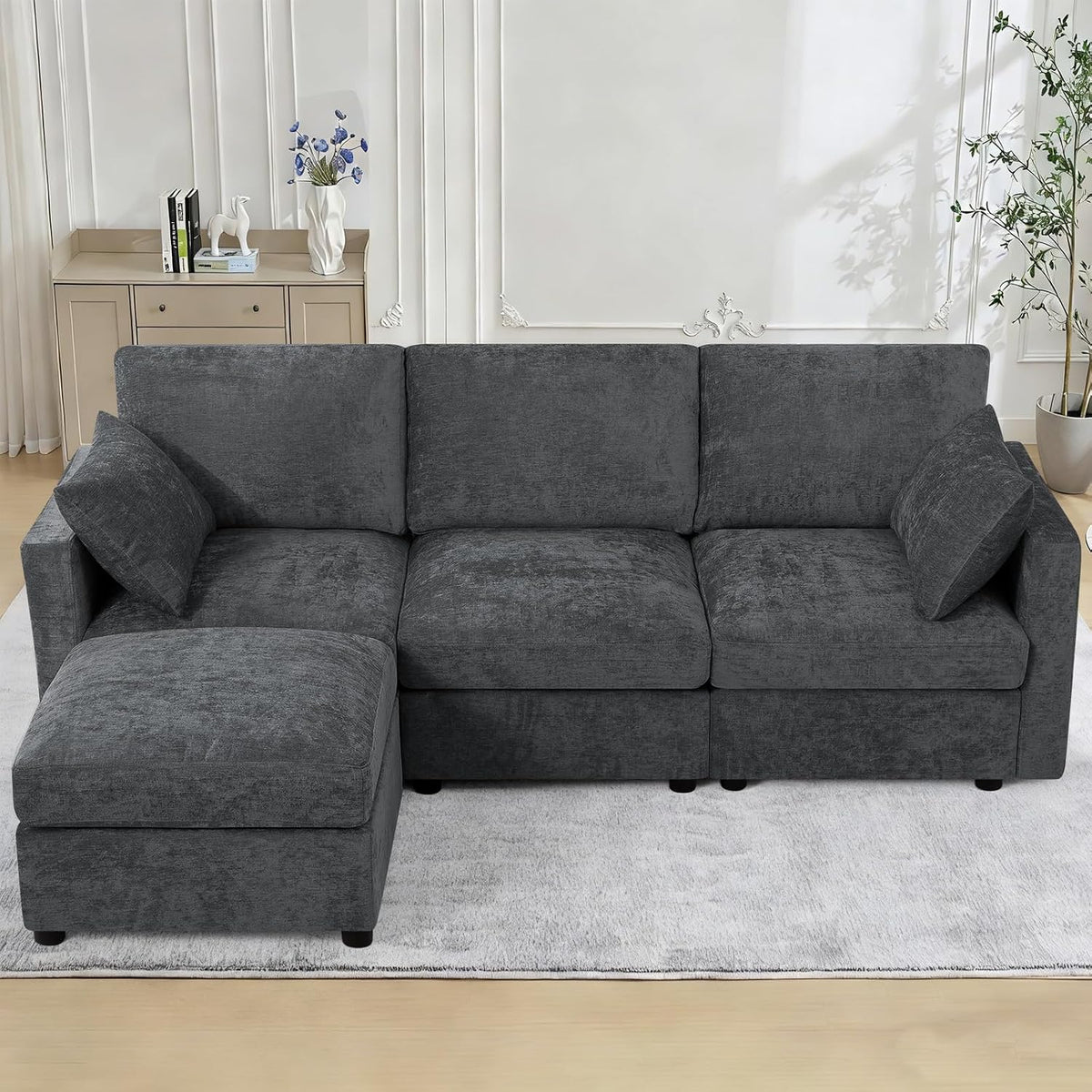 84” Chenille 3-Seats Sofa W/Movable Ottoman, Grey
