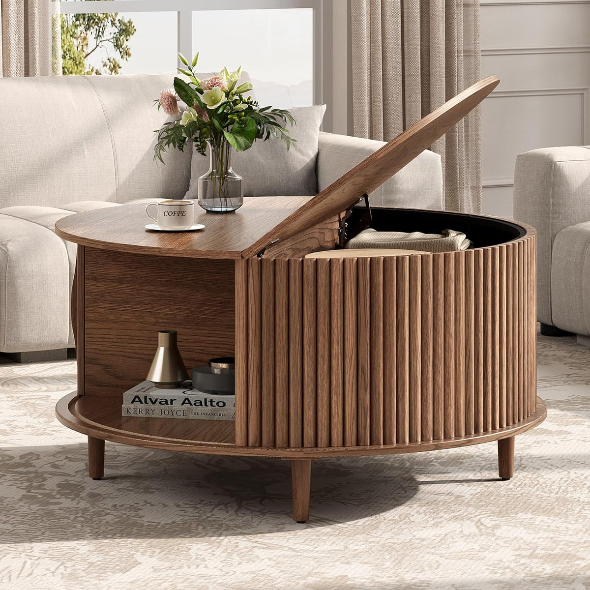 31.5" Walnut Round Coffee Table with Storage