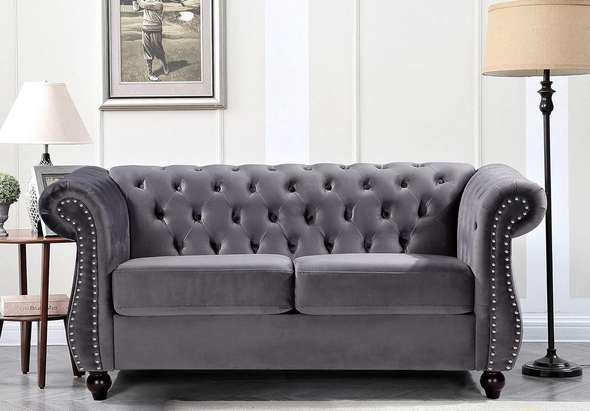 67.6" Gray Chesterfield Velvet Loveseat
