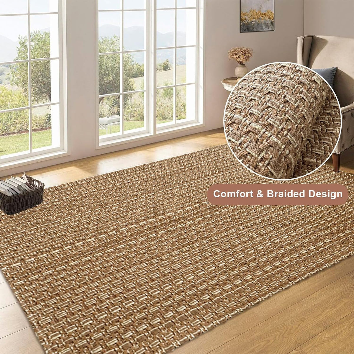 Tan Brown 3x5 ft Braided Faux Jute Area Rug