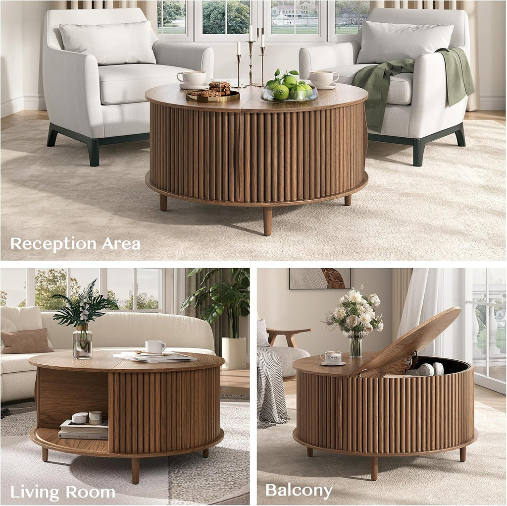 31.5" Walnut Round Coffee Table with Storage
