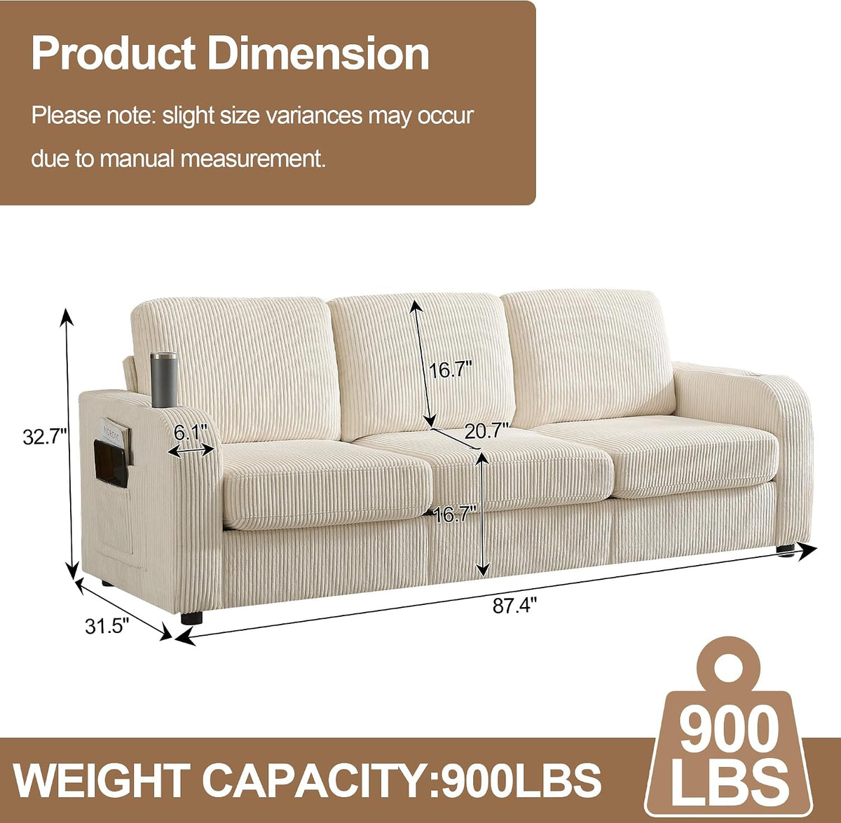87.4" Beige Corduroy 3‑Seater Sofa Cup Holders