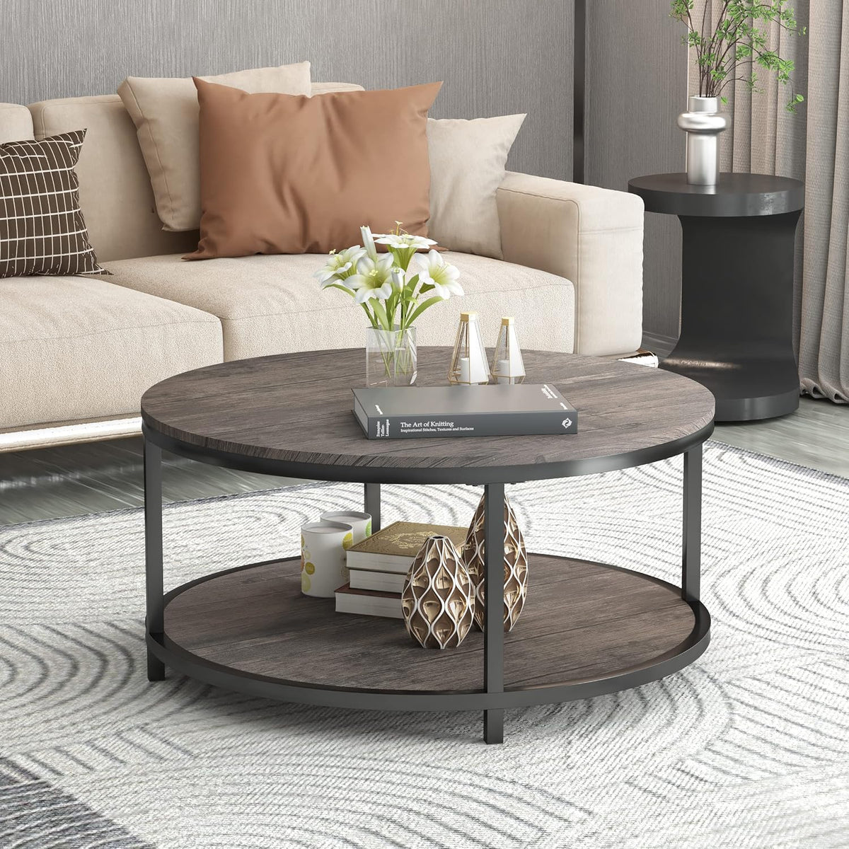 36" Light Walnut 2‑Tier Round Coffee Table