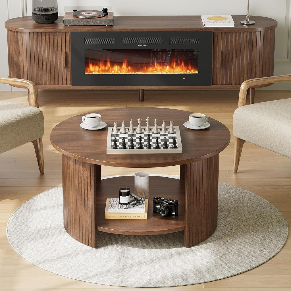 31.5" Walnut 2‑Tier Fluted Round Coffee Table