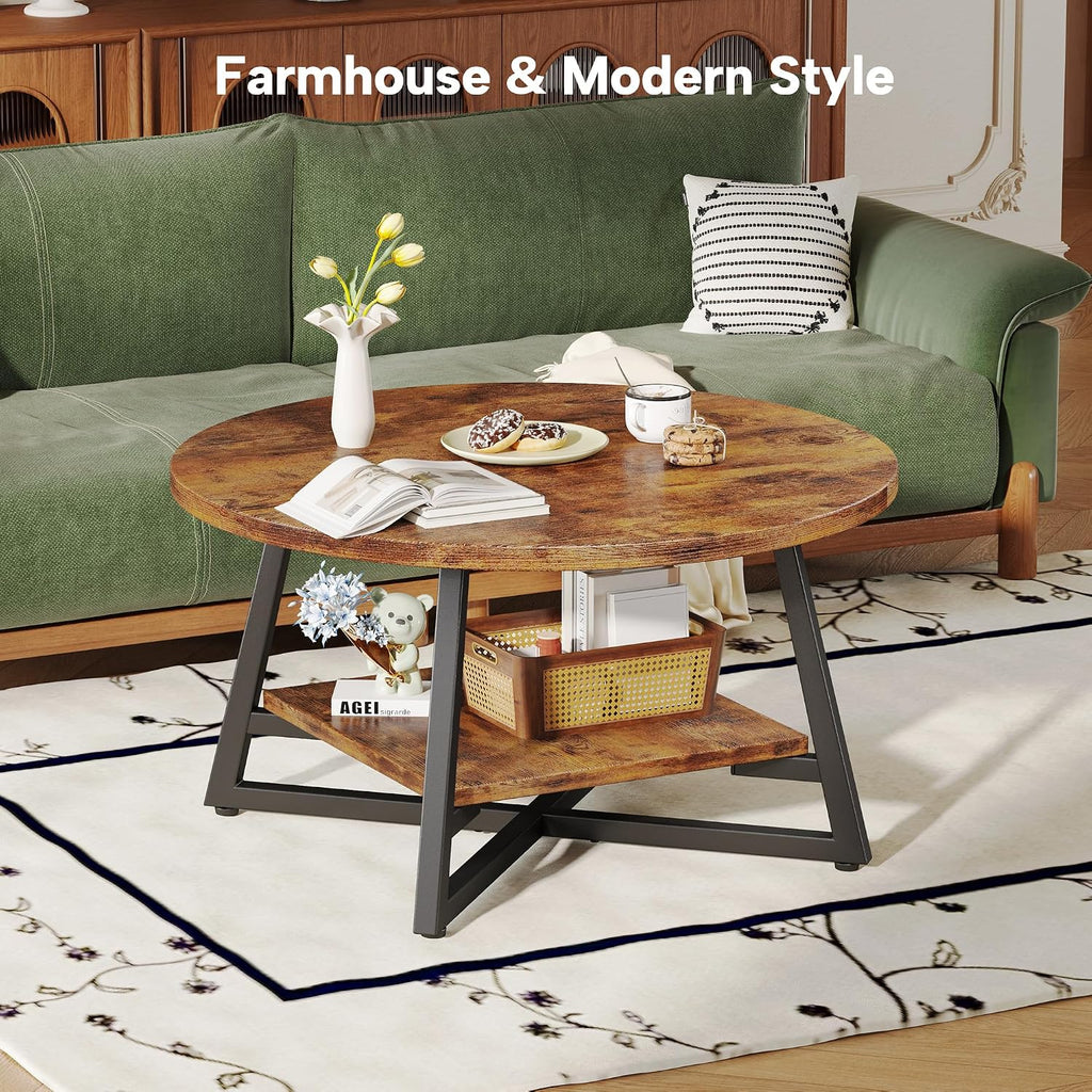 Rustic Brown Small Storage Round Coffee Table