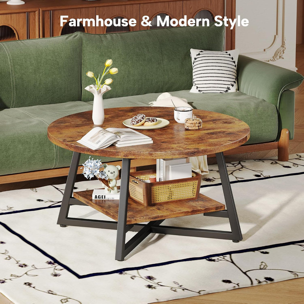 Rustic Brown Small Storage Round Coffee Table