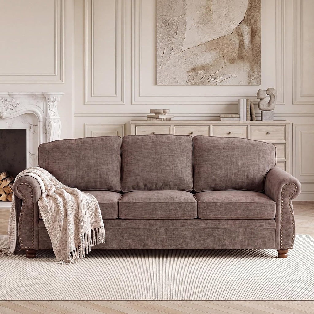 91.3" Brown Traditional Chenille Sofa
