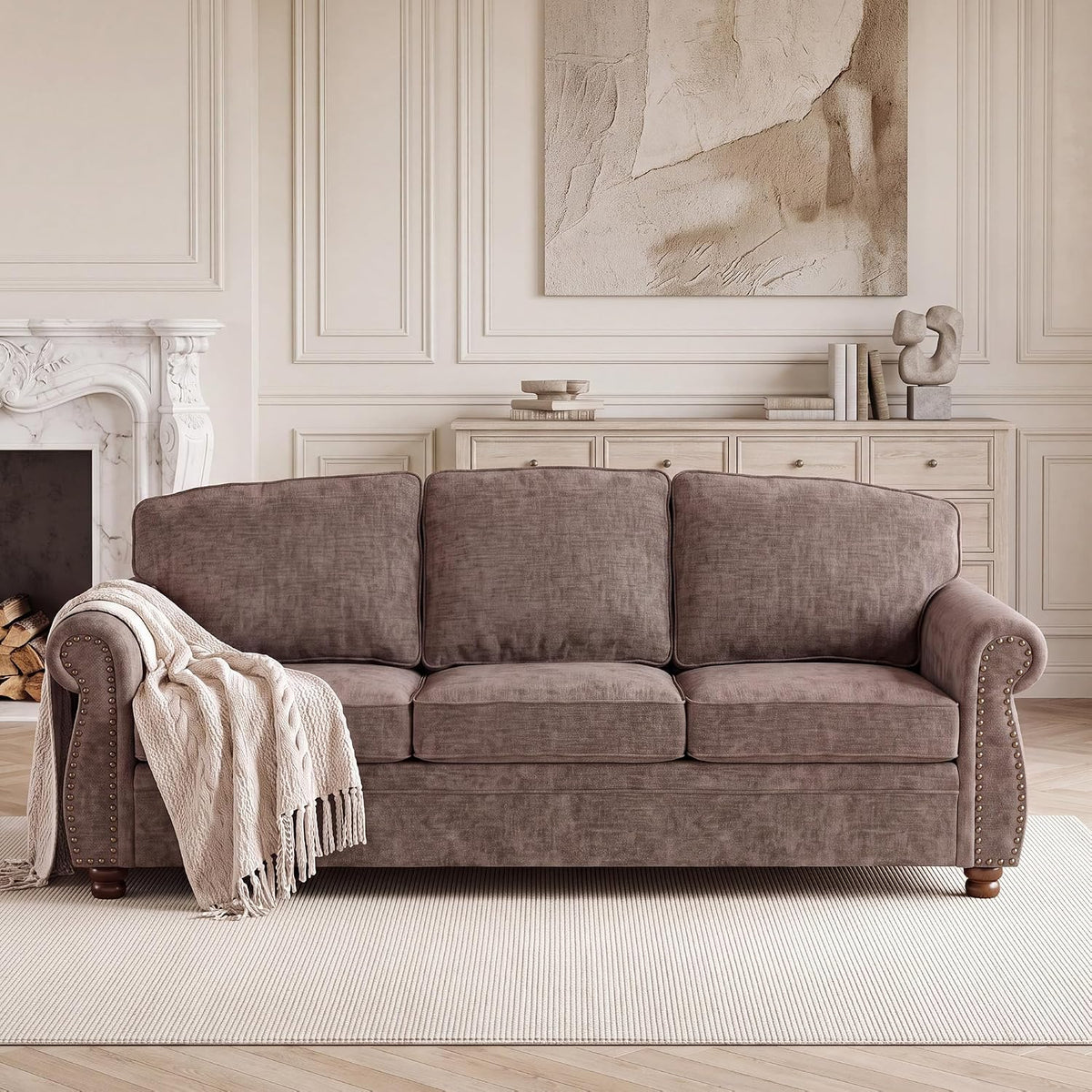 91.3" Brown Traditional Chenille Sofa