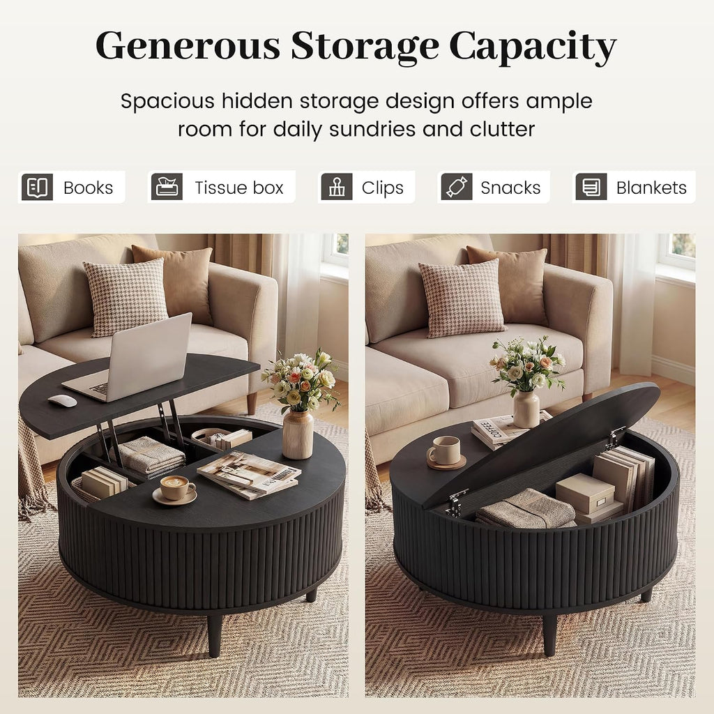 31.5" Black Lifting‑Top Round Coffee Table