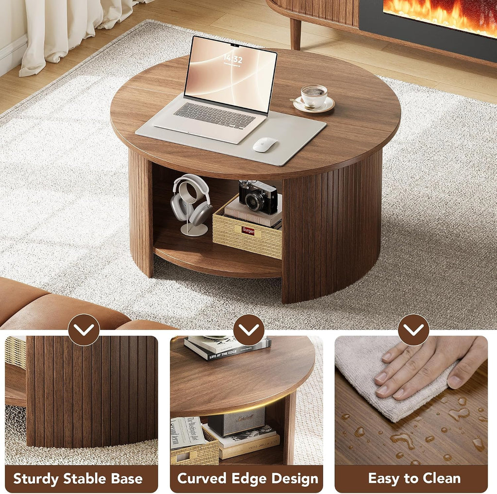 31.5" Walnut 2‑Tier Fluted Round Coffee Table
